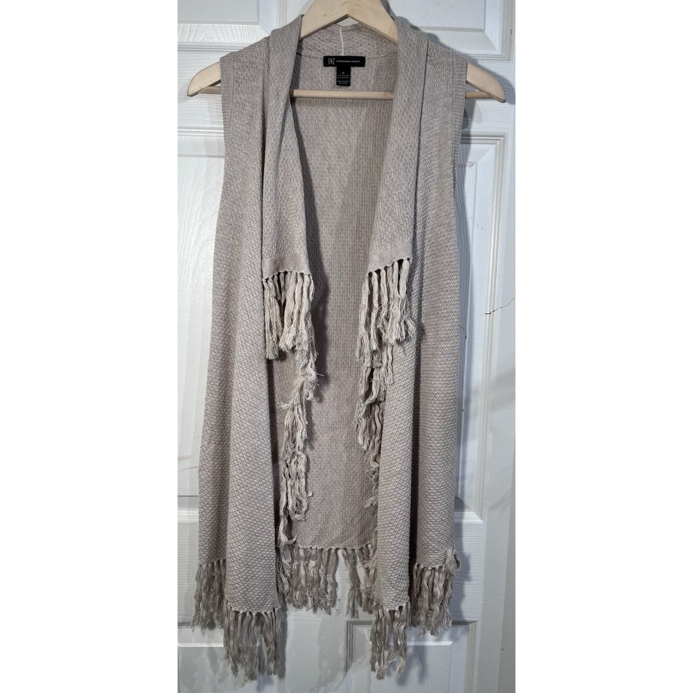 INC International Concepts Fringe Open Front Knit Cardigan Vest Beige M Boho‎